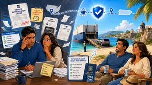 Illustration showing the complete process of shipping a car to Puerto Rico from paperwork to safe island delivery.