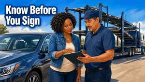 Customer and transport driver reviewing a vehicle Bill of Lading during the pickup inspection.