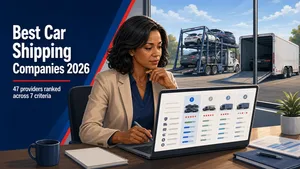 Illustration of a reader comparing the best car shipping companies using ranking criteria and vehicle transport options.