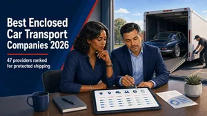 Illustration of a vehicle owner comparing the best enclosed car transport companies while a protected luxury car is loaded into an enclosed trailer.