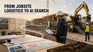 Commercial contractor reviewing project plans as an excavator is unloaded at a construction site, illustrating jobsite logistics and AI search visibility.