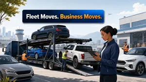 Fleet vehicles prepared for business transport on an open carrier with a fleet coordinator.