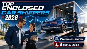 Luxury car entering an enclosed transport trailer beside the headline Top Enclosed Car Shippers 2026.