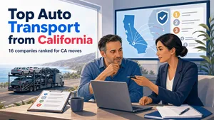 Illustration of a customer comparing top auto transport companies from California with route planning and vehicle shipping options.