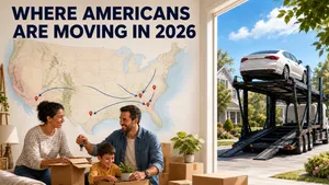 Family packing for a move beneath a large United States map while an unbranded carrier transports their sedan.