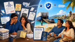Illustration showing the complete process of shipping a car to Puerto Rico from paperwork to safe island delivery.