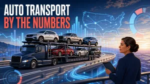 Illustrated open car carrier traveling through a dynamic data landscape representing U.S. auto transport industry statistics.