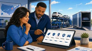 Illustration of a customer comparing auto transport company criteria before choosing a vehicle shipping provider.