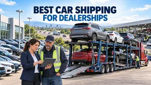 Editorial illustration of dealership inventory being coordinated for multi-vehicle transport between an auto auction and dealership.