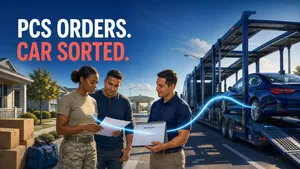 Illustrated military family organizing PCS orders while an unbranded carrier loads their sedan for relocation.