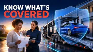 Illustrated vehicle owner reviewing car shipping coverage while an insured carrier prepares a sedan for transport.