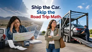 Illustration showing a customer choosing car shipping instead of a stressful long-distance drive.