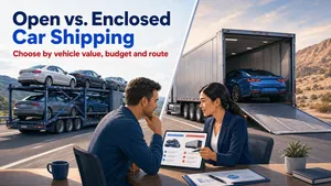 Open and enclosed car carriers shown side by side to compare vehicle shipping protection options.