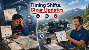 Illustration of vehicle shipping time frames shaped by route planning, weather, and carrier scheduling.