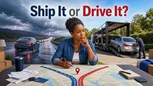 Illustration of a driver comparing car shipping with a long-distance road trip.