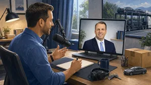 Illustration of an AutoStar-style interviewer speaking with Joe Robinson on a video call about relocation storage and vehicle shipping.
