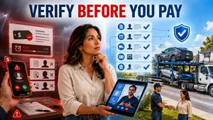 Customer verifying auto transport company details before paying for car shipping