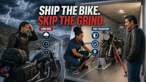 Split illustration of a rider facing a stormy cross-country trip and a motorcycle secured inside an enclosed transport trailer.