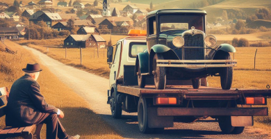 classic car transporting to villages