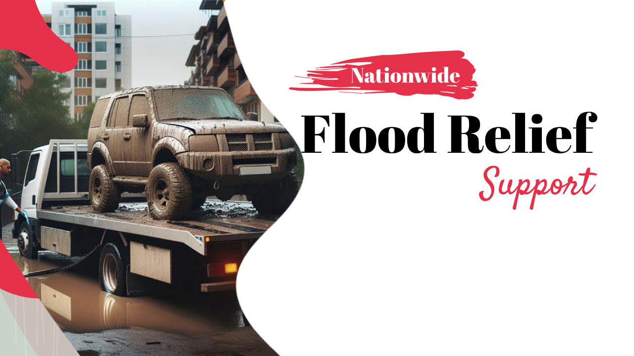 nationwide flood relief support, showing a muddy SUV being towed on a flatbed truck.