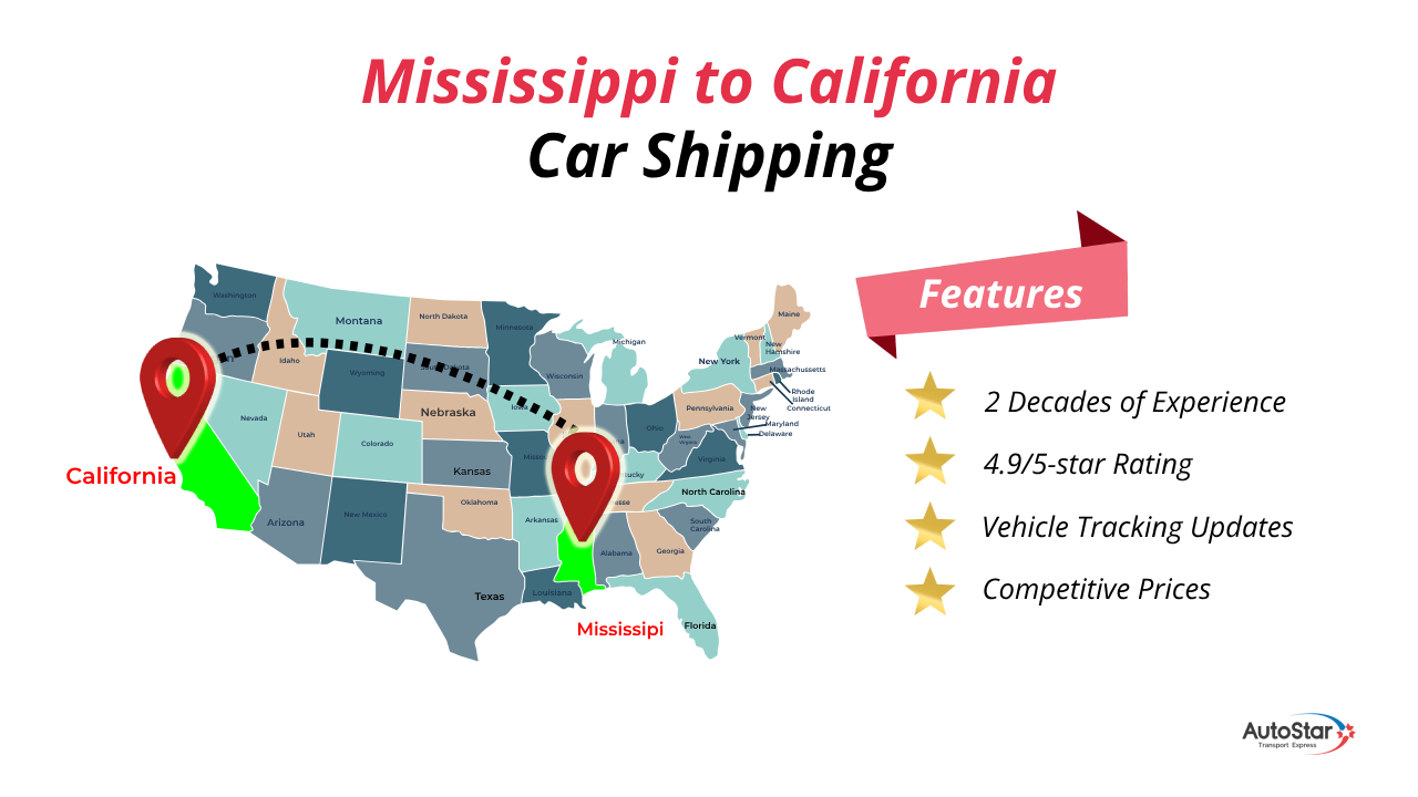 Mississippi to California Car Shipping Services by AutoStar Transport Express