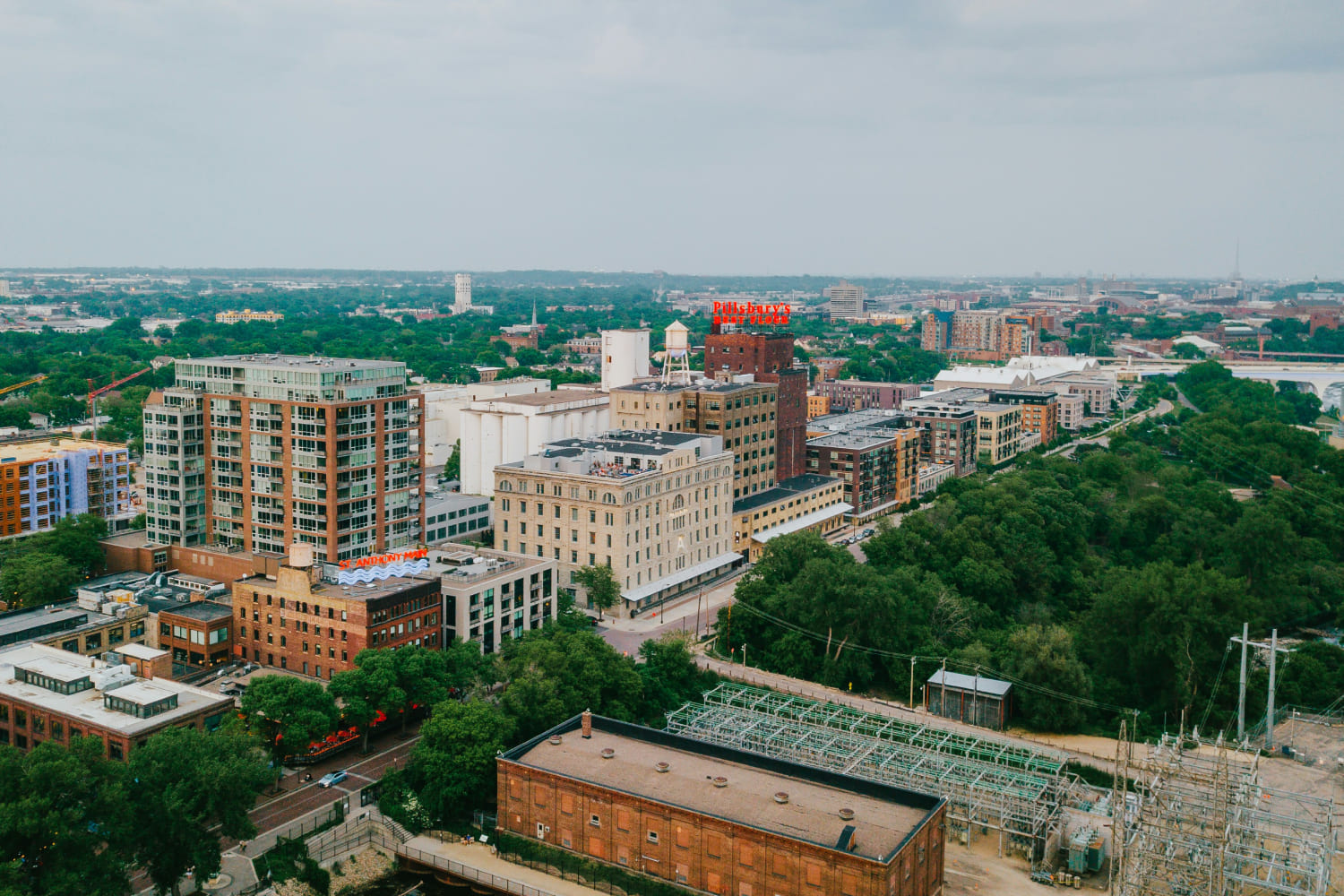 aerial view of the Mill District in Minneapolis, Minnesota.
