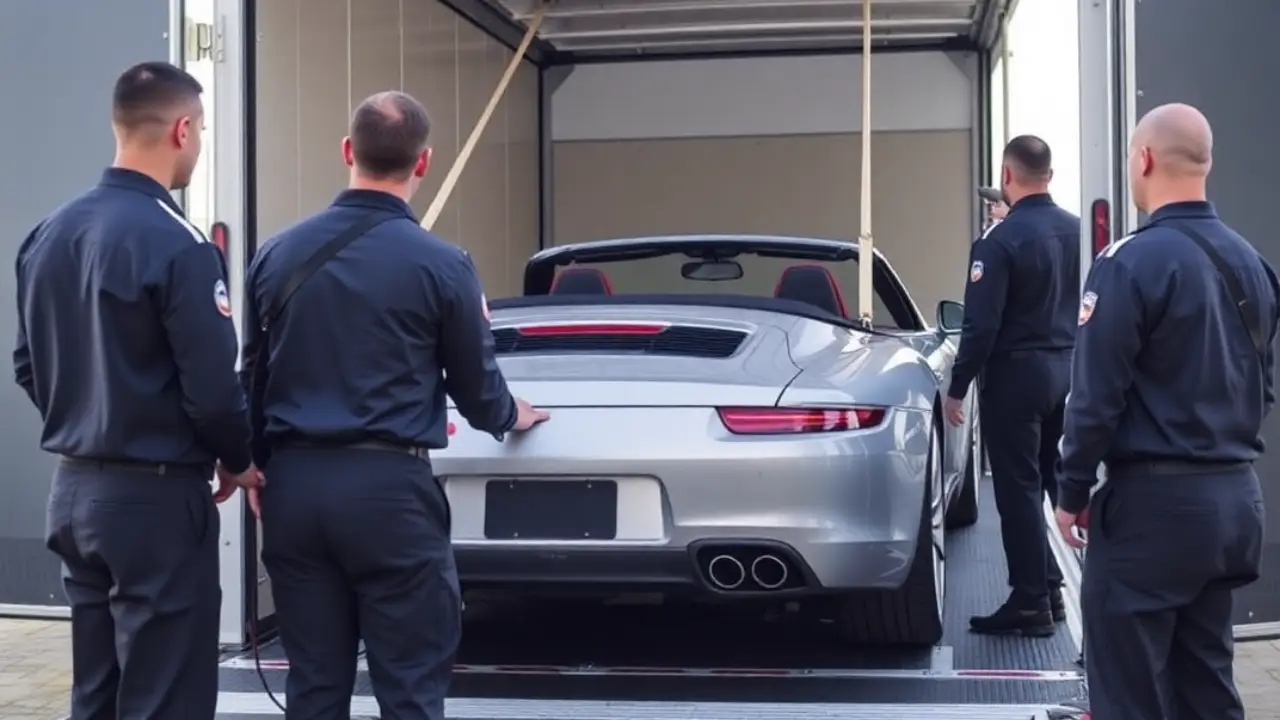 A silver Porsche sports car parked inside a modern enclosed transport truck.