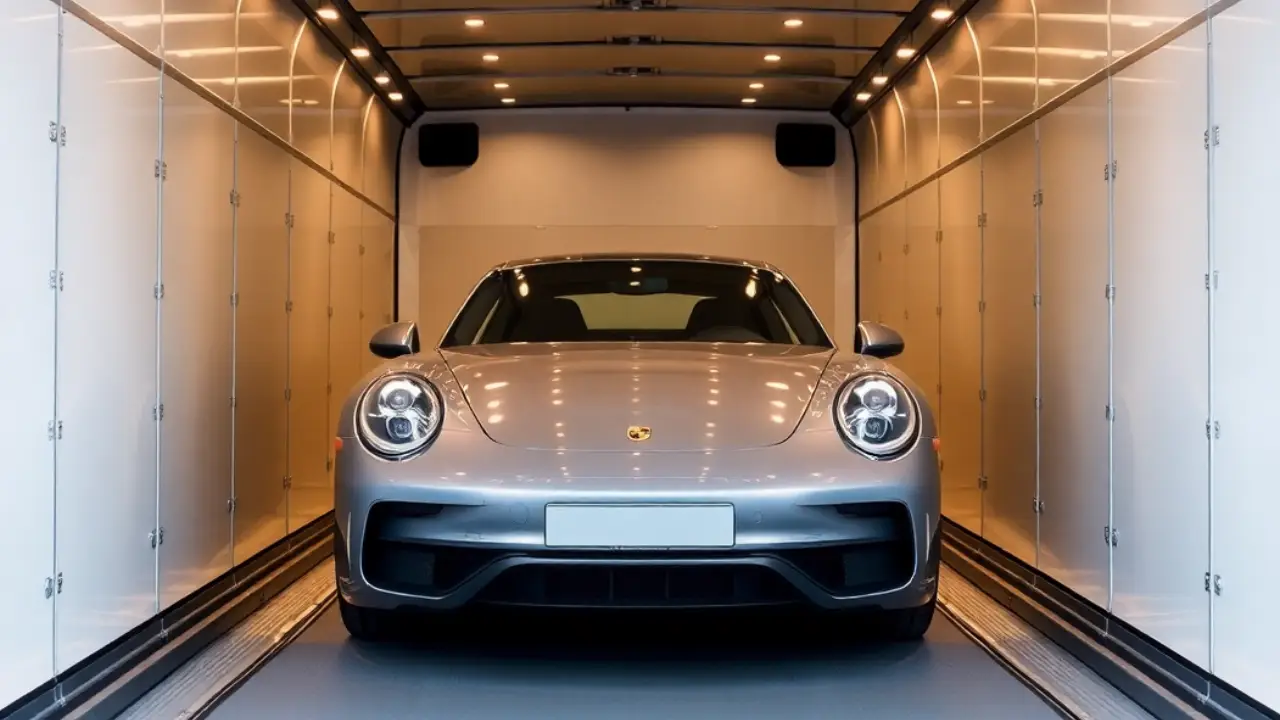 A Porsche sports car secured for transport within a climate-controlled truck