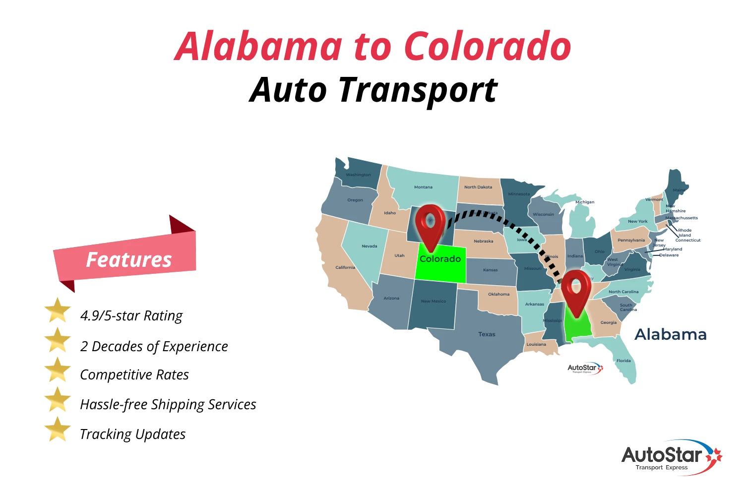 A map of the United States highlighting Alabam to Colorado, AutoStar Transport Express's car shipping services.