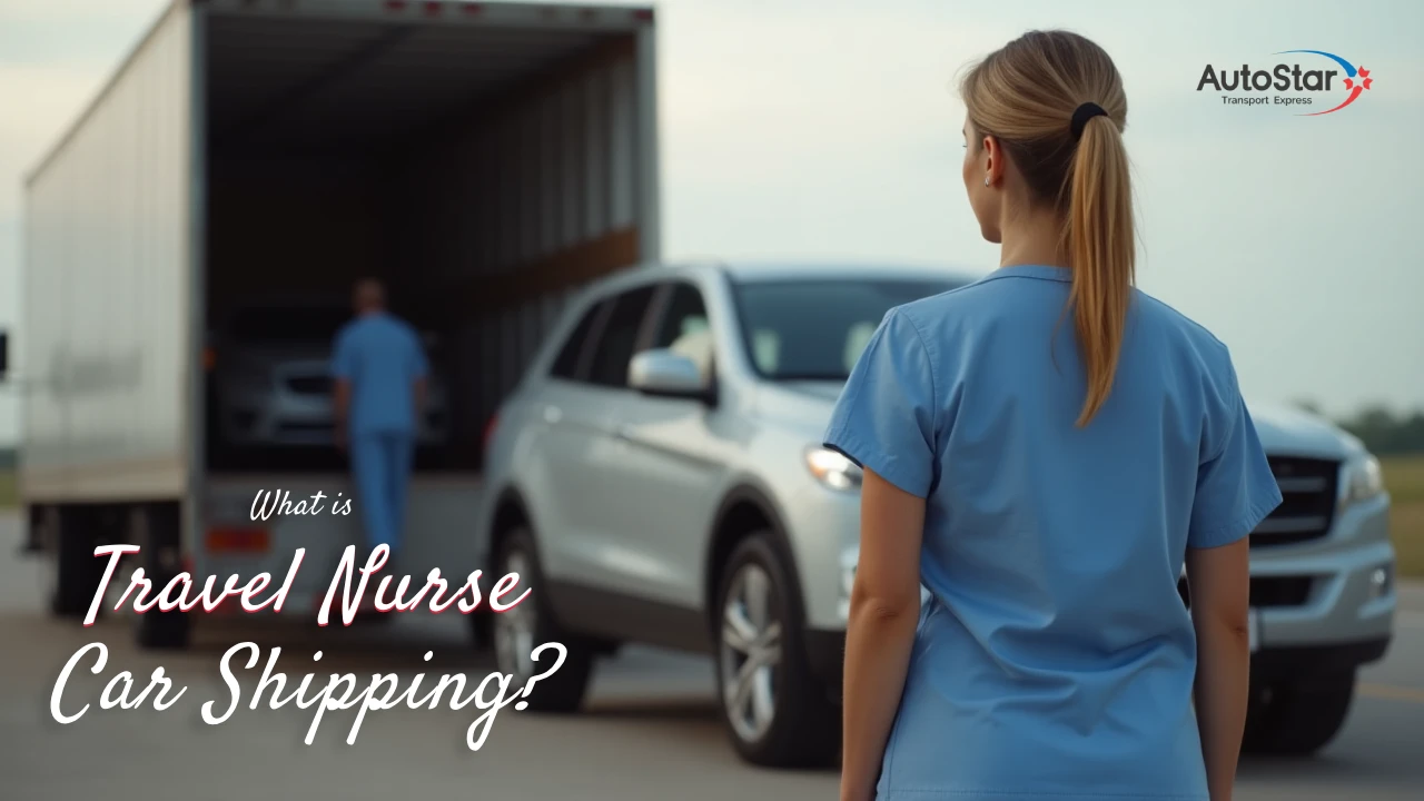 A nurse stands looking towards a silver SUV being loaded onto a large transport truck