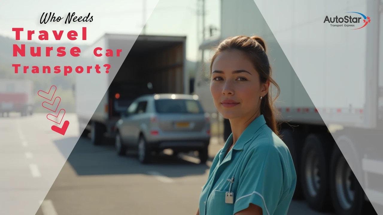 Travel nurse near transport trucks for car shipping service