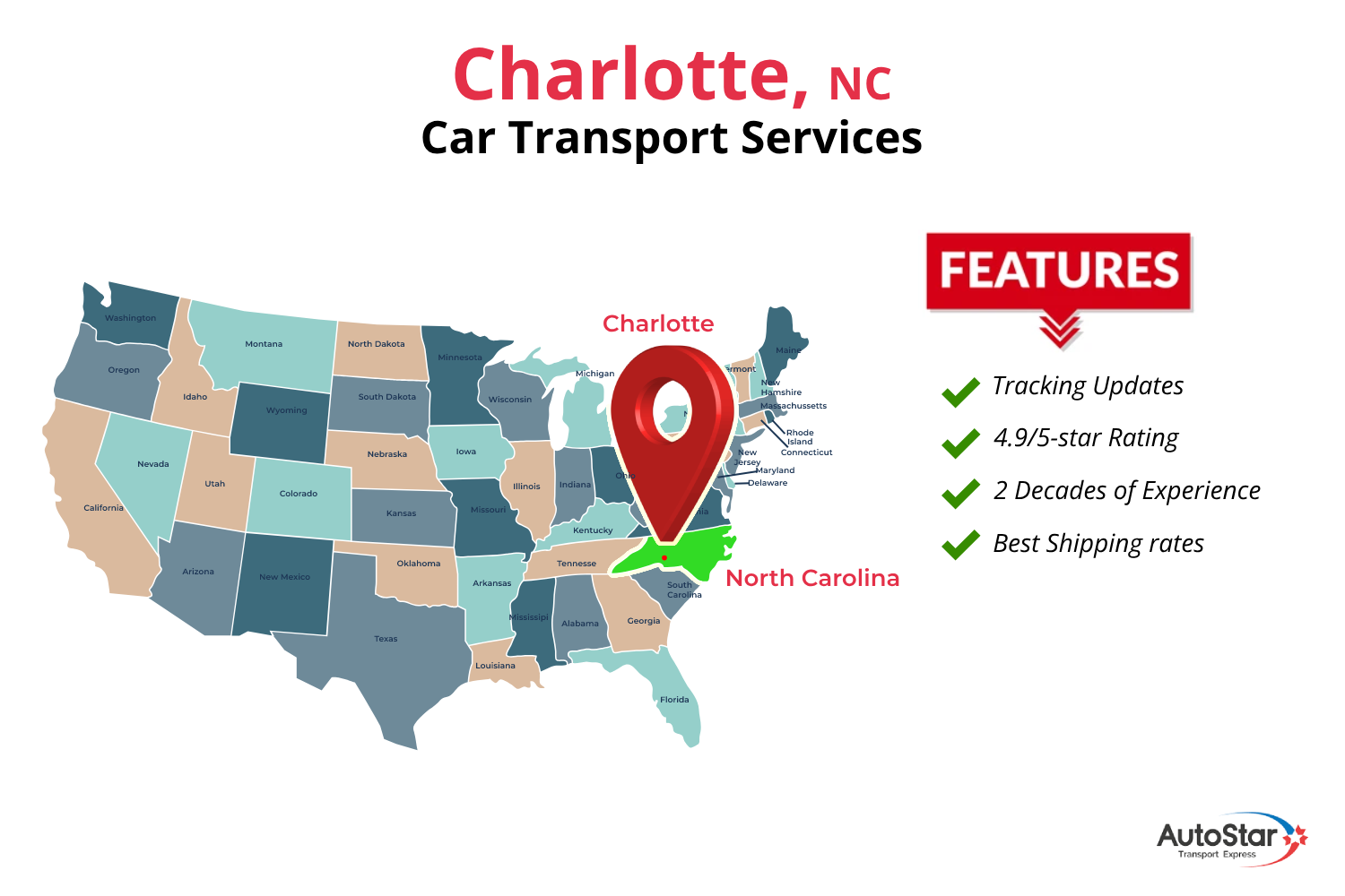 A map of the United States highlighting Charlotte car transport services.