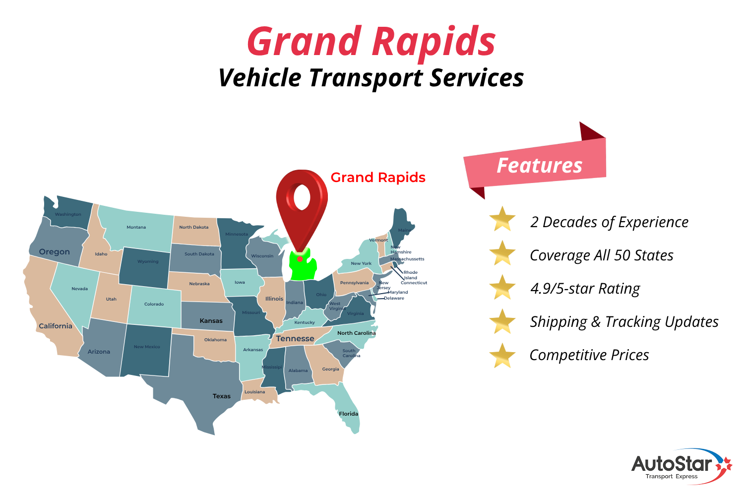 A map of the United States highlighting vehicle transport Grand Rapids.