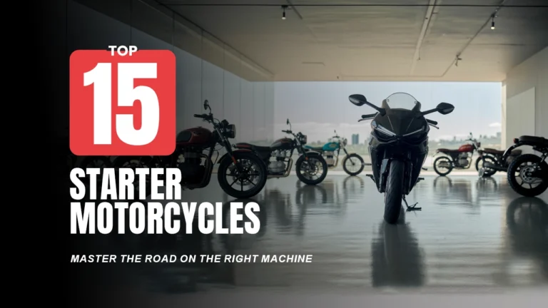 ext overlay TOP 15 STARTER MOTORCYCLES with various motorcycles in a showroom.