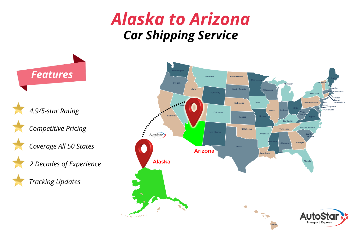 Alaska to Arizona car shipping services by AutoStar Transport Express