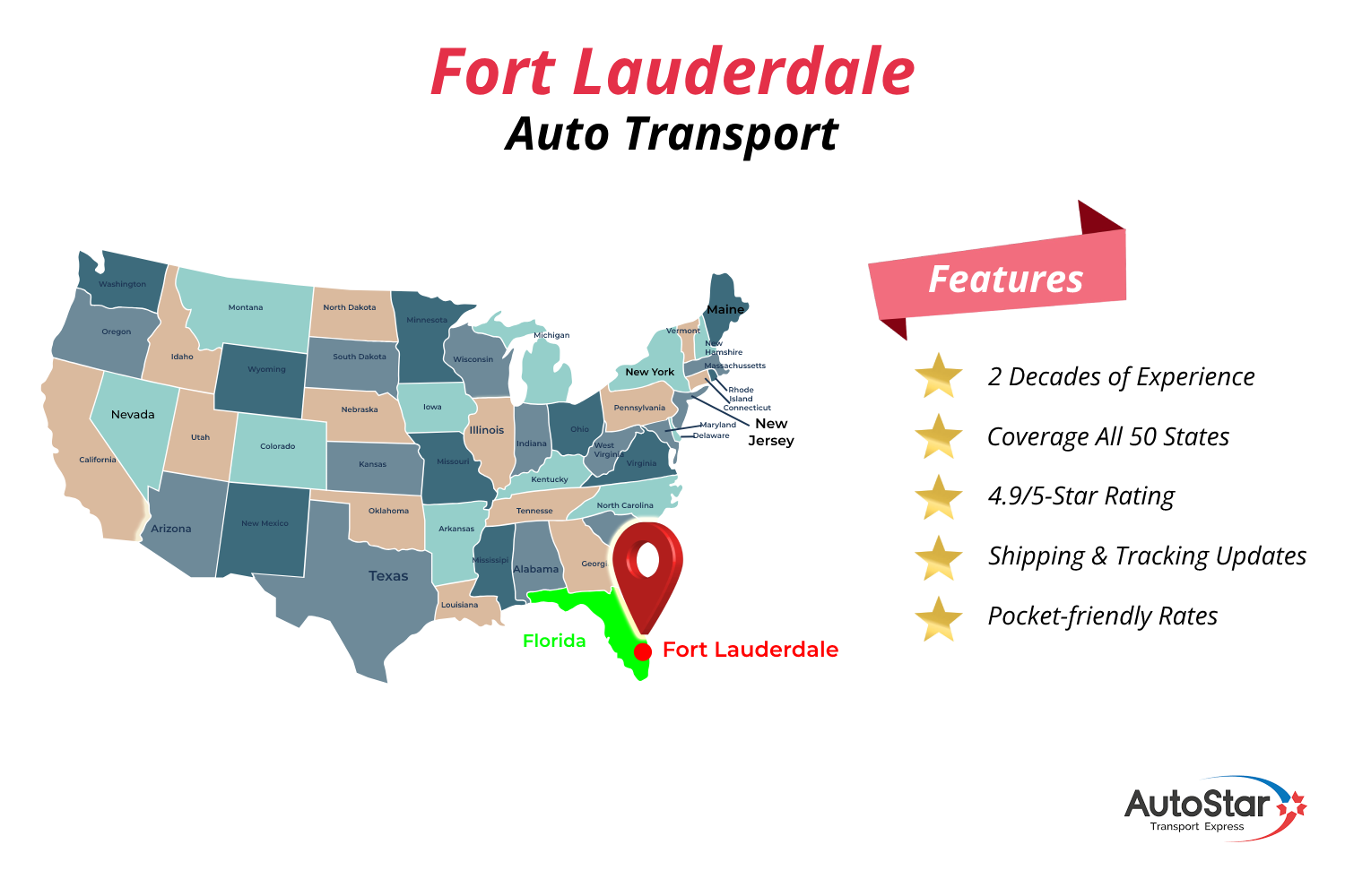 A map of the United States highlighting Fort Lauderdale car shipping services.