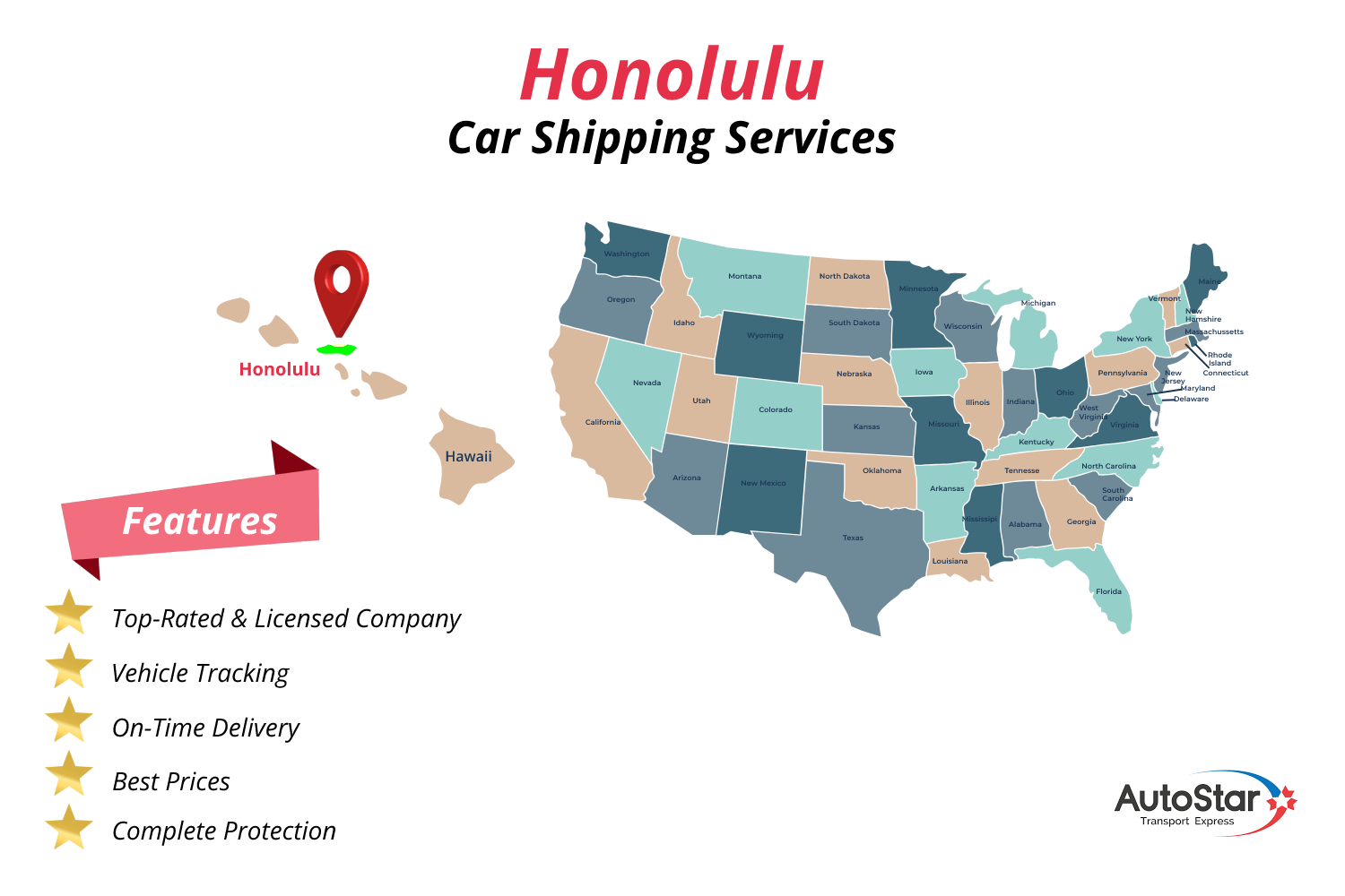  Honolulu car shipping services by AutoStar Transport Express.