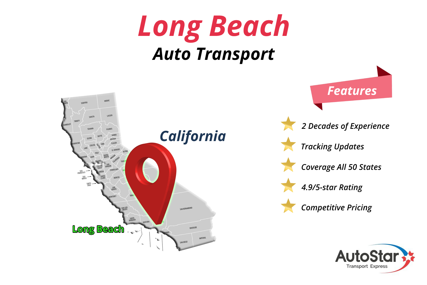 A map of the California highlighting Long Beach car shipping services.