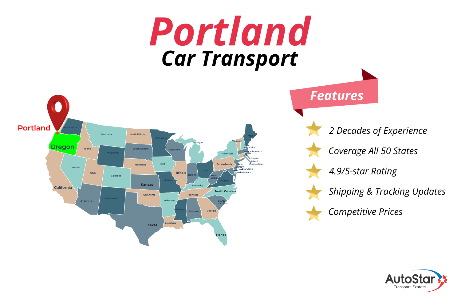 A map of the United States highlighting Portland car shipping services