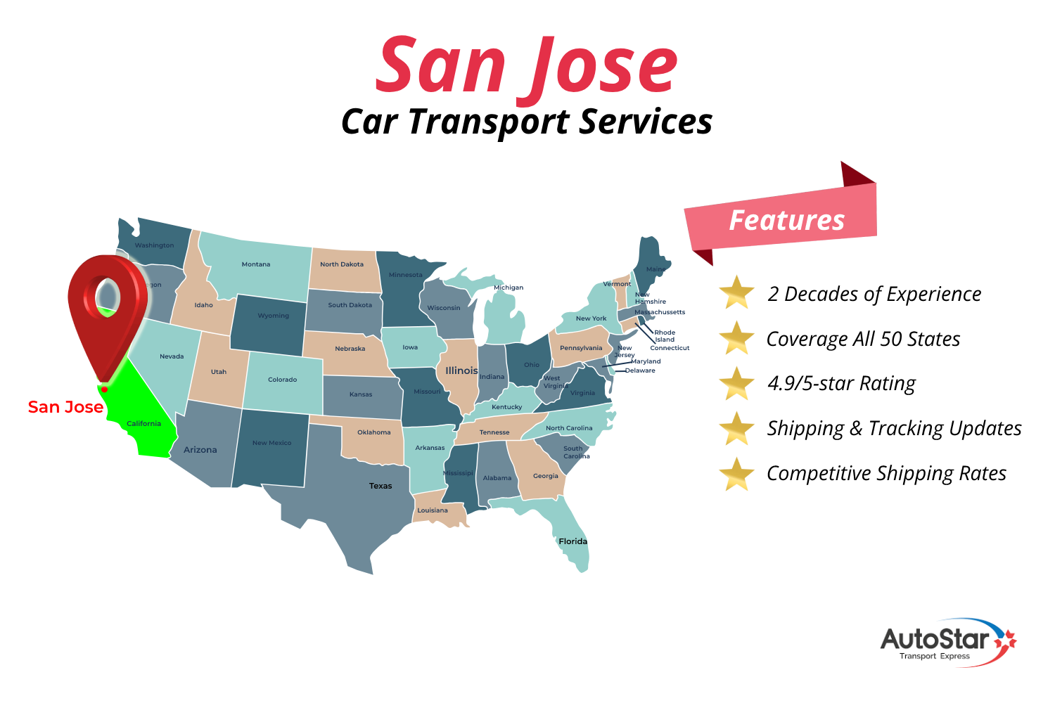 A map of the United States highlighting San Jose car shipping services.