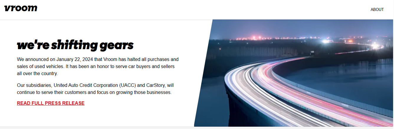 Screenshot showing an official homepage of vroom