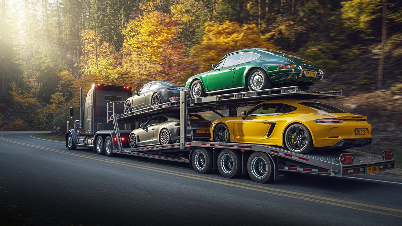 AutoStar Transport Express, transporting multiple Porsche cars on an open auto carrier