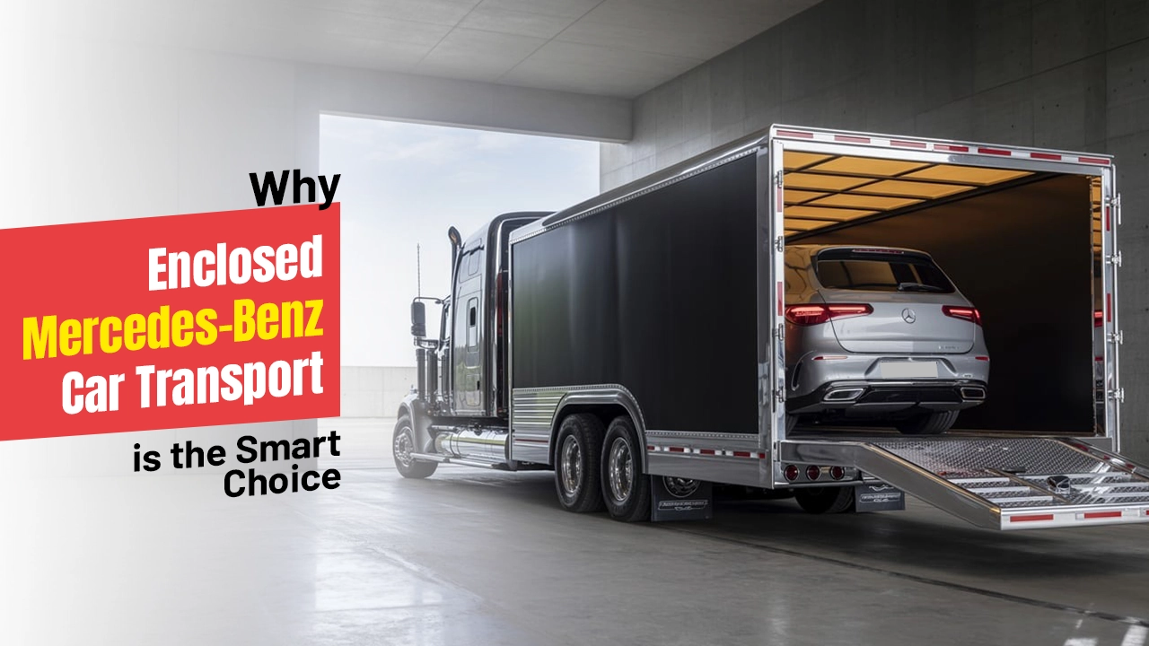 Enclosed car transport trailer protecting a luxury vehicle during shipping