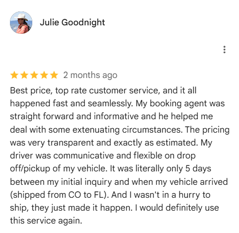 Google customer review appreciating fair pricing & customer service.