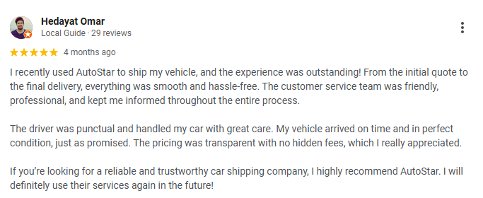 Google review screenshot appreciating our customer service team & safe car transport service.