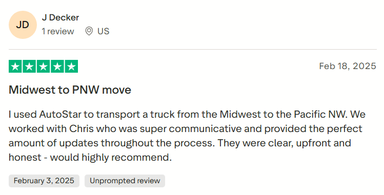 TrustPilot review praising AutoStar Transport Express for clear and upfront pricing