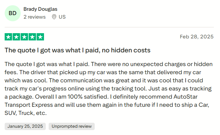 Trustpilot review praising AutoStar Transport Express for honest pricing and no hidden fees
