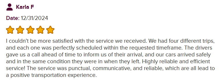 BBB review praising AutoStar Transport Express for reliable, well-informed customer service