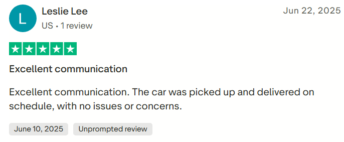 Customer review screenshot showing AutoStar Transport Express praised for excellent communication.