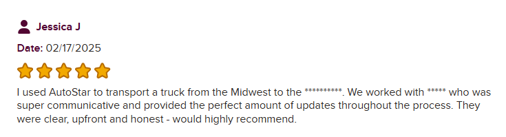 BBB review praising AutoStar Transport Express for clear and upfront pricing